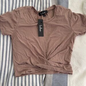 Lulu's beige front twist crop top